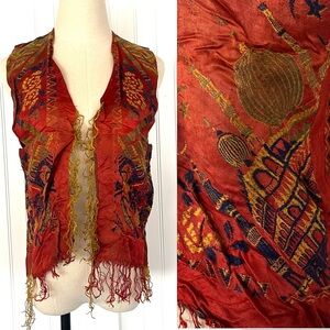 Vintage Woven Ethnic VEst Fringe Colorful Old City Scene Stars Moon Reversible